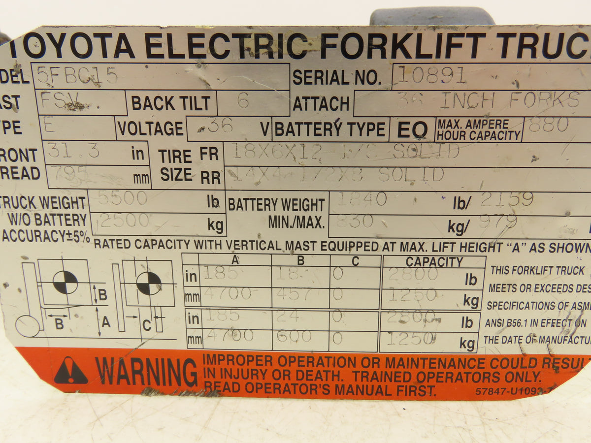 Toyota 65551-20541-71 Forklift Hydraulic Mast Tilt Cylinder Removed From 5FBC15