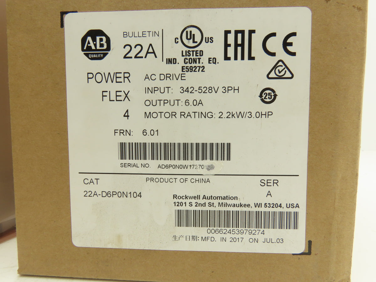 Allen Bradley 22A-D6P0N104 PowerFlex 4 AC Drive Variable Speed VFD 3Hp 480V 3PH