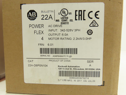 Allen Bradley 22A-D6P0N104 PowerFlex 4 AC Drive Variable Speed VFD 3Hp 480V 3PH