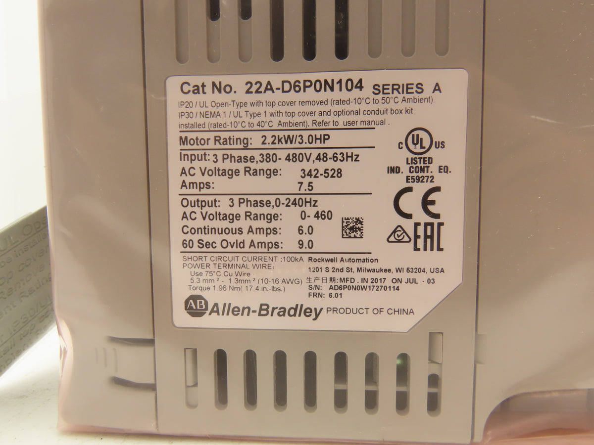Allen Bradley 22A-D6P0N104 PowerFlex 4 AC Drive Variable Speed VFD 3Hp 480V 3PH