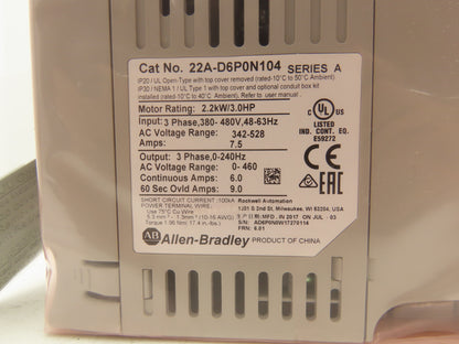 Allen Bradley 22A-D6P0N104 PowerFlex 4 AC Drive Variable Speed VFD 3Hp 480V 3PH