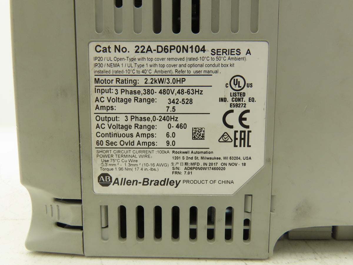 Allen Bradley 22A-D6P0N104 PowerFlex 4 AC Drive Variable Speed VFD 3Hp 480V 3PH