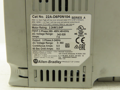 Allen Bradley 22A-D6P0N104 PowerFlex 4 AC Drive Variable Speed VFD 3Hp 480V 3PH