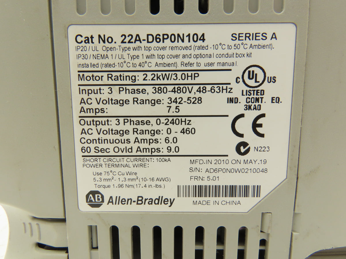 Allen Bradley 22A-D6P0N104 PowerFlex 4 AC Drive Variable Speed VFD 3Hp 480V 3PH