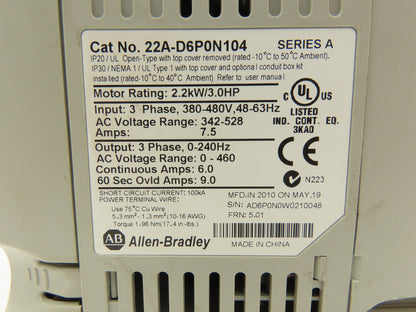 Allen Bradley 22A-D6P0N104 PowerFlex 4 AC Drive Variable Speed VFD 3Hp 480V 3PH