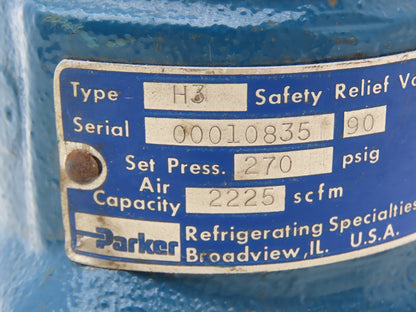 Parker H3 Safety Relief Valve 90/270 PSI 2225 SCFM 3/4" Inlet 1.25"NPT Outlet