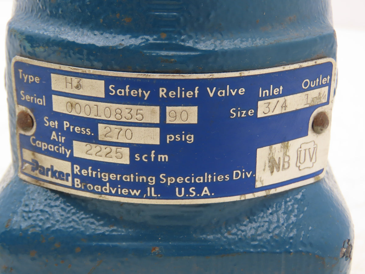 Parker H3 Safety Relief Valve 90/270 PSI 2225 SCFM 3/4" Inlet 1.25"NPT Outlet