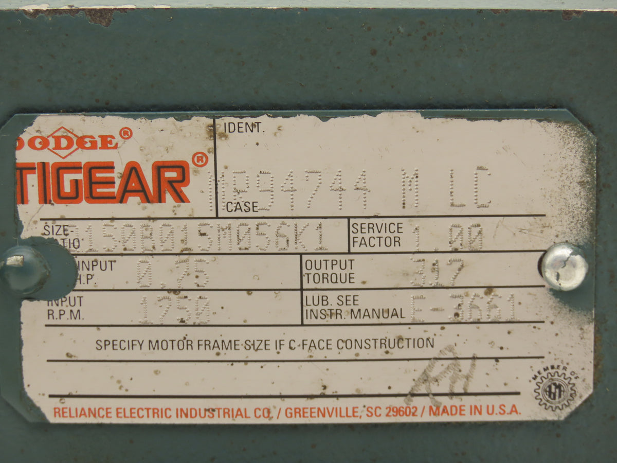 Dodge Tigear Q150B015M056K1 Worm Gearbox 15:1 Ratio 116 RPM .75Hp LH 56C