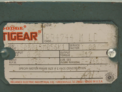 Dodge Tigear Q150B015M056K1 Worm Gearbox 15:1 Ratio 116 RPM .75Hp LH 56C