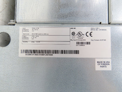 ABB ACS800-U11-0025-5 Variable AC Drive VFD 25Hp 34A 480V 3PH