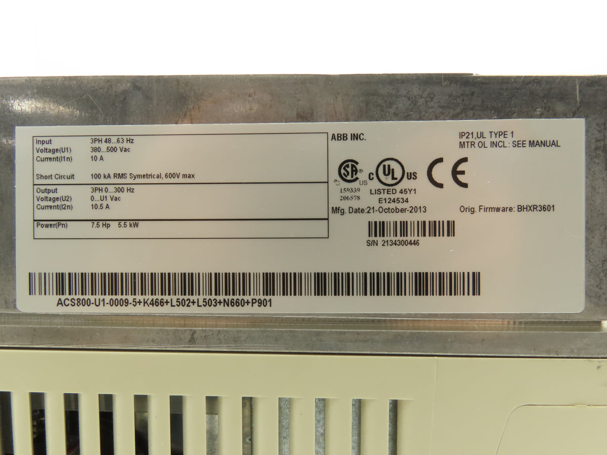 ABB ACS800-U1-0009-5+P901 Variable Speed AC Drive VFD 5.5kw 7.5Hp 480V 3PH
