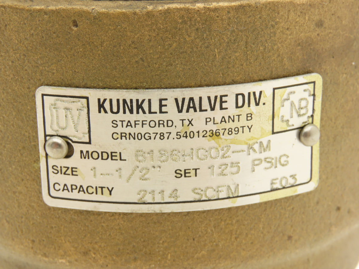 Kunkle 6186HG02-KM Bronze Pressure Relief Valve 125 PSI 2114 SCFM 1-1/2" NPT