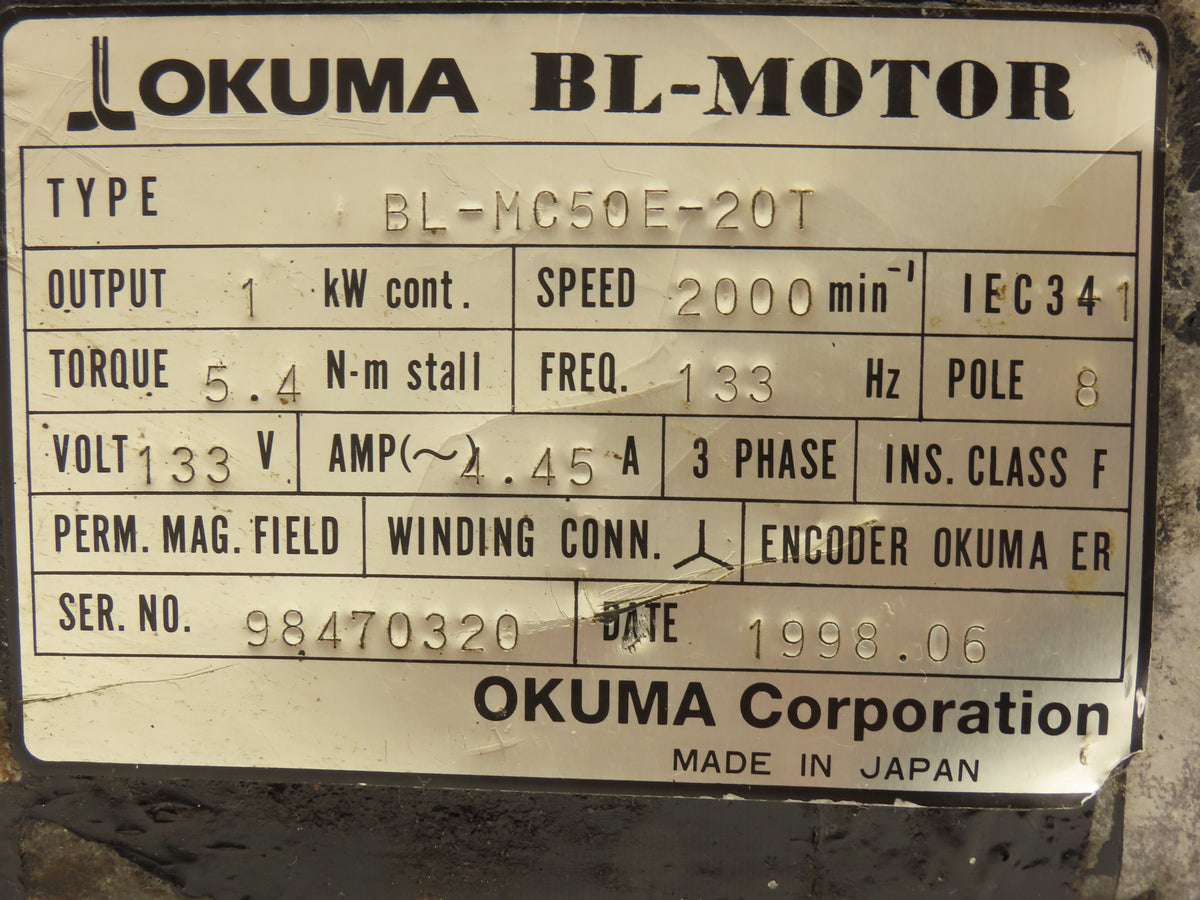 Okuma BL-MC50E-20T AC Servo Motor 1kW 2000 RPM 133V 3PH BL-Motor