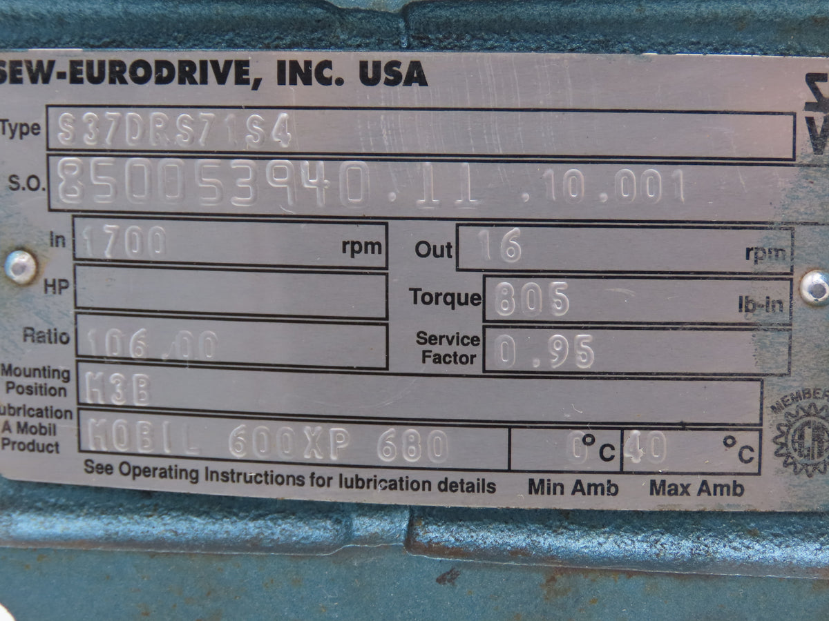 Sew-Eurodrive S37DRS71S4 Gearmotor 106:1 Ratio 16 RPM .33Hp 230/460V 3PH