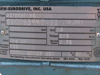 Sew-Eurodrive S37DRS71S4 Gearmotor 106:1 Ratio 16 RPM .33Hp 230/460V 3PH