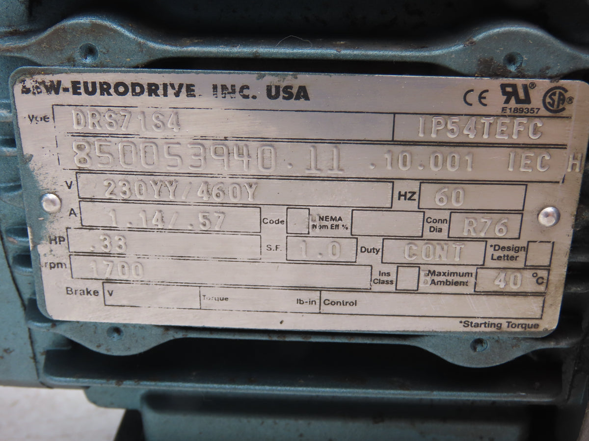 Sew-Eurodrive S37DRS71S4 Gearmotor 106:1 Ratio 16 RPM .33Hp 230/460V 3PH