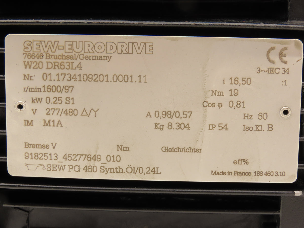 Sew Eurodrive W20DR63L4 Gearmotor 16.5:1 Ratio 1600/97rpm 0.25kw 277/480V 3PH