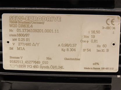 Sew Eurodrive W20DR63L4 Gearmotor 16.5:1 Ratio 1600/97rpm 0.25kw 277/480V 3PH