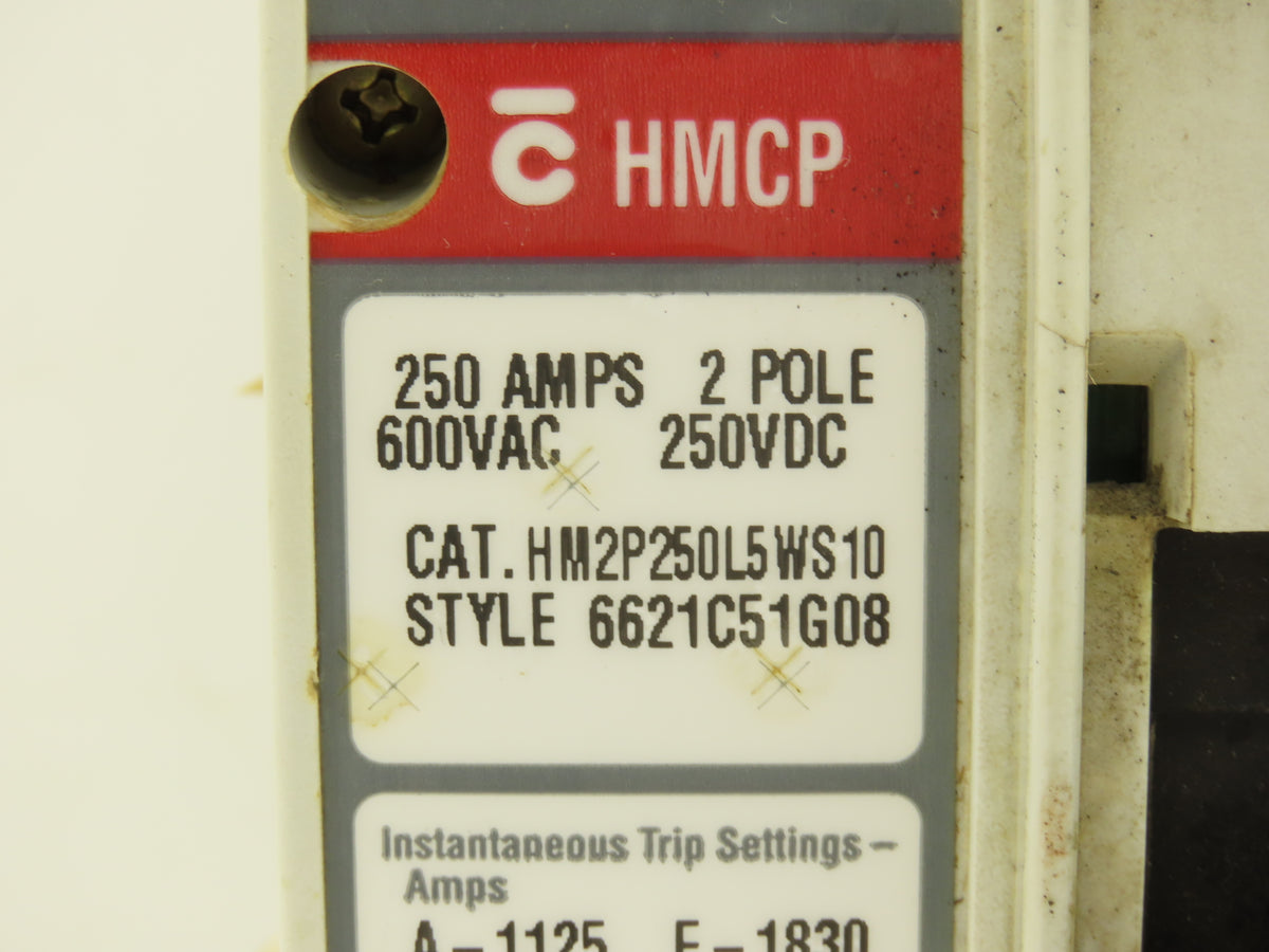 Cutler Hammer HM2P250L5WS10 HMCP Circuit Breaker 250A 2-Pole 600VAC 3PH 2-Lug