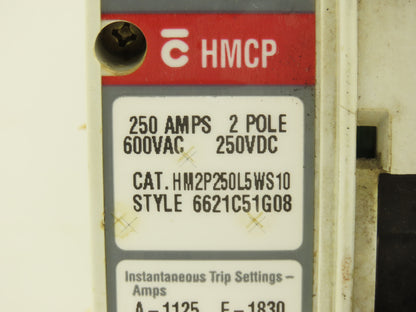 Cutler Hammer HM2P250L5WS10 HMCP Circuit Breaker 250A 2-Pole 600VAC 3PH 2-Lug