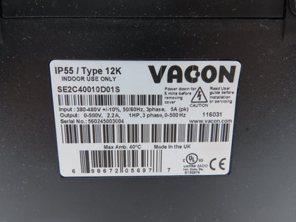 Vacon ETRAC XFC400 Variable Speed / Frequency Inverter Drive  1HP 380-480V VFD