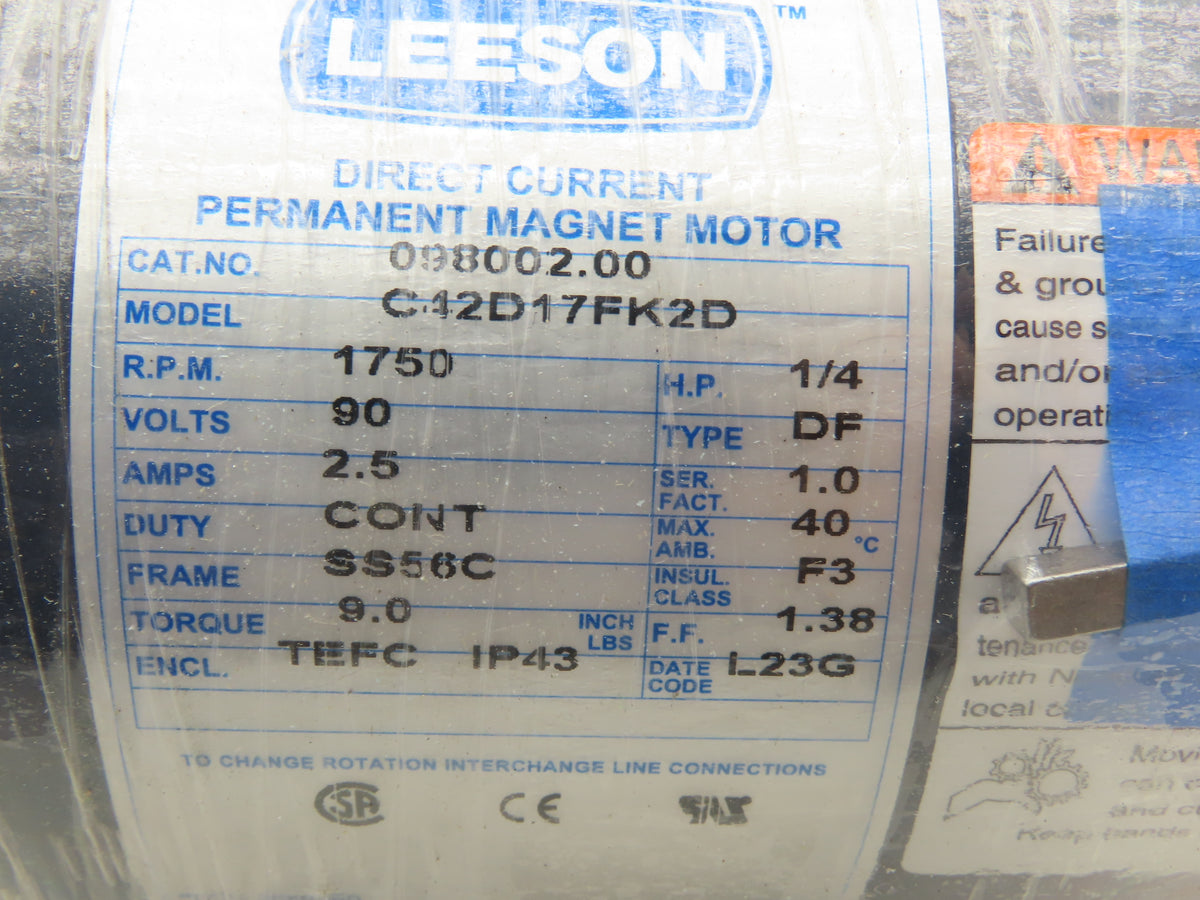 Leeson 098002.00 C42D17FK2D 90V DC Motor 1/4Hp 1750rpm 56C TEFC Permanent Magnet