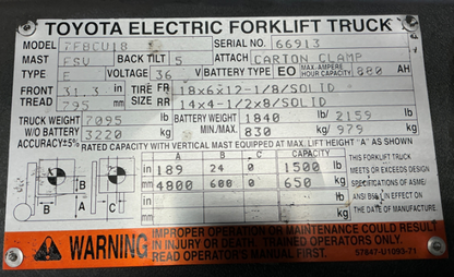 Toyota 7FBCU18 Electric Forklift Mast 4 Lever 3-Stage 189" Lift 4800lb Class II