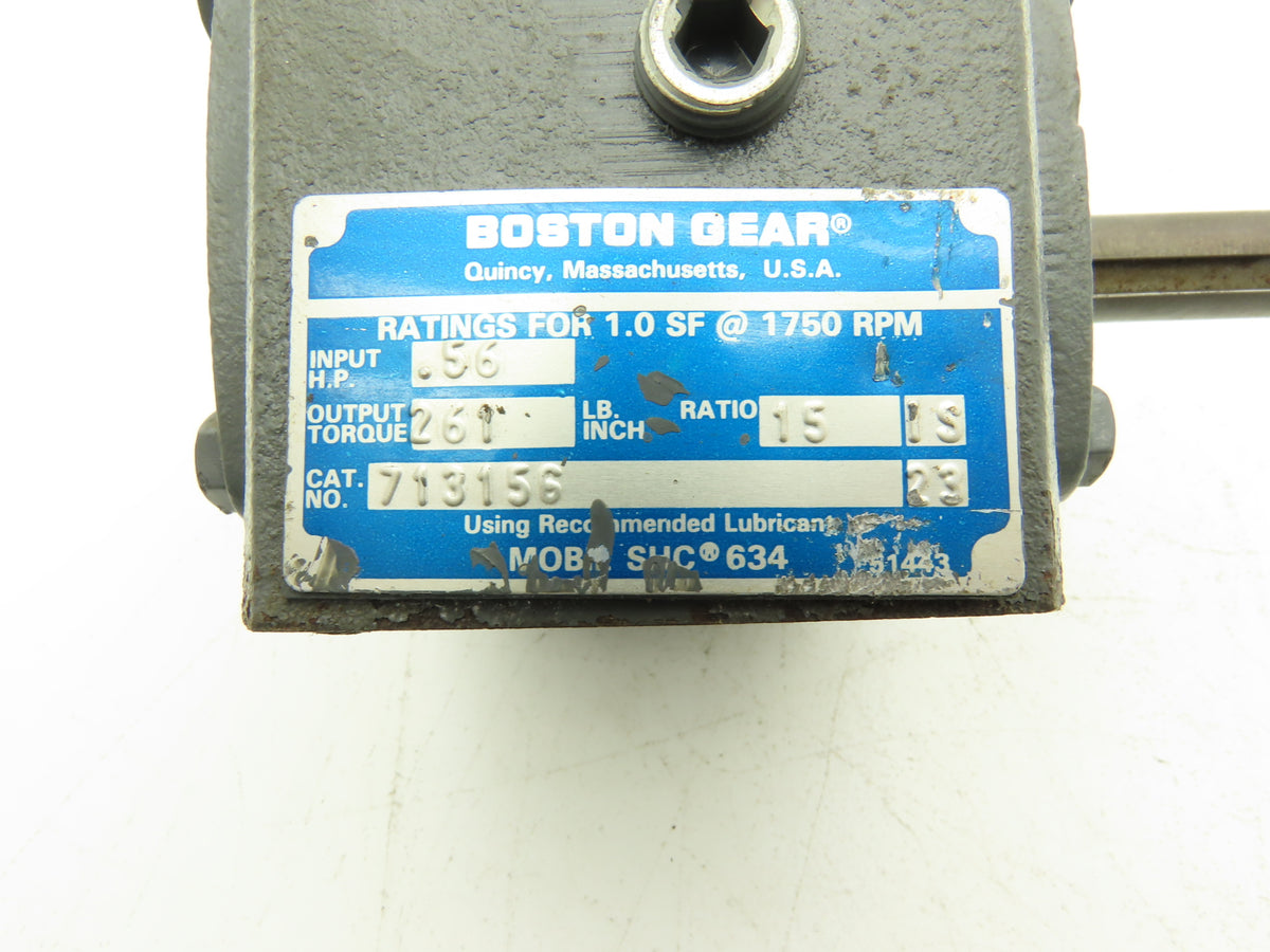 Boston Gear 713156 Worm Gearbox 15:1 Reducer .56Hp 116rpm RH Output 1/2" Input