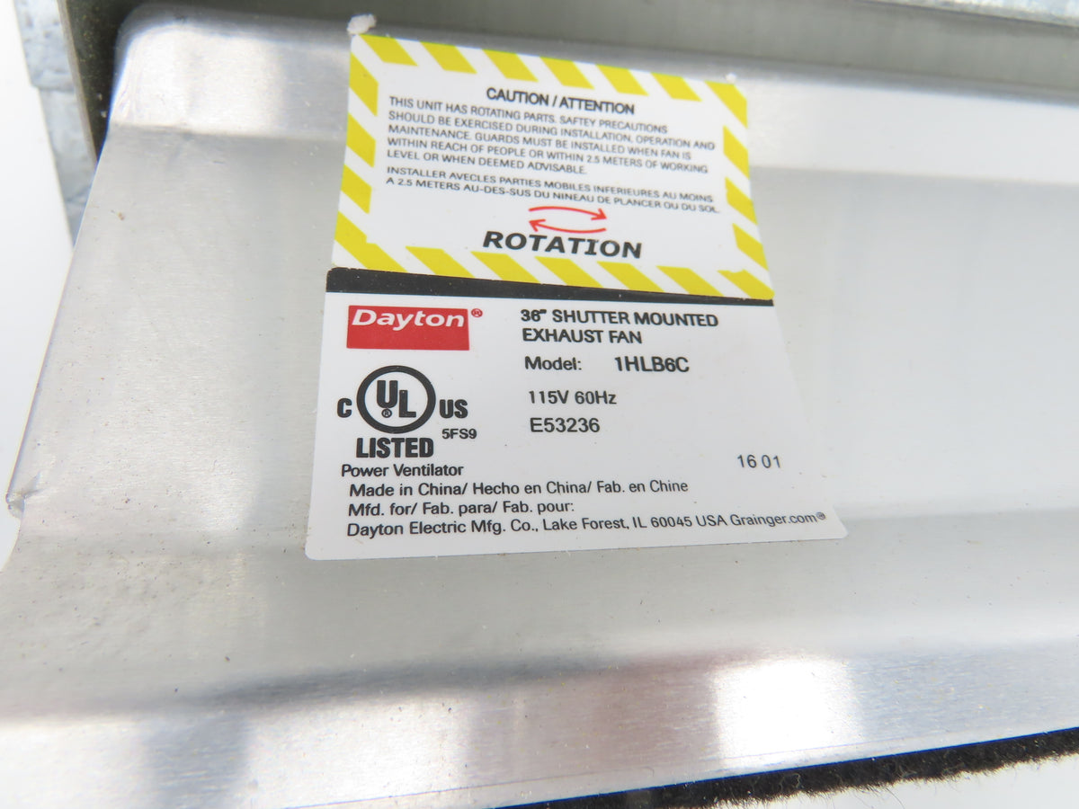 Dayton 1HLB6C Exhaust Fan 36" Louver Shutter 1/2HP 115V 1PH 6128CFM
