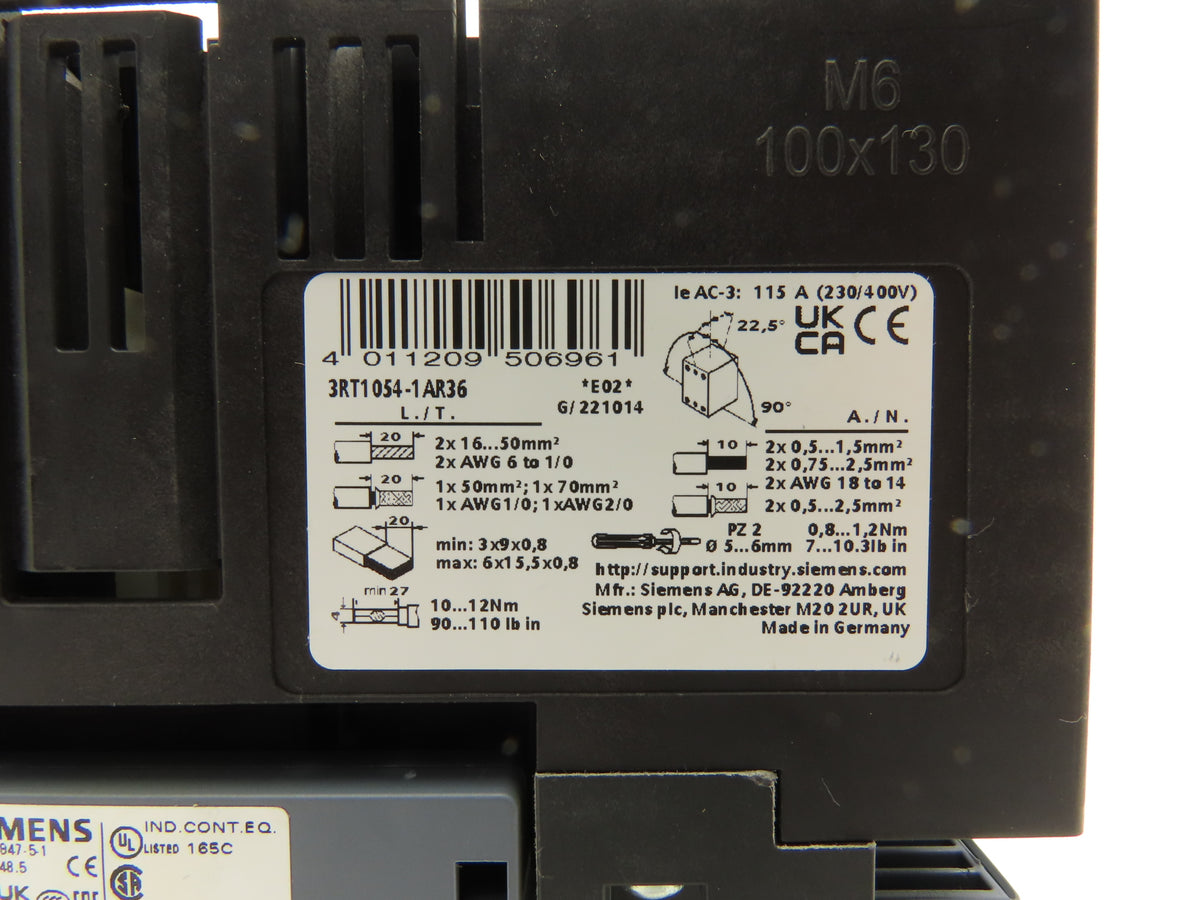 Siemens 3RT1054-1AR36 Motor Starter Contactor 115A 125Hp 600V 3Ph 480VAC/DC Coil