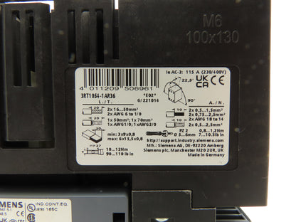 Siemens 3RT1054-1AR36 Motor Starter Contactor 115A 125Hp 600V 3Ph 480VAC/DC Coil