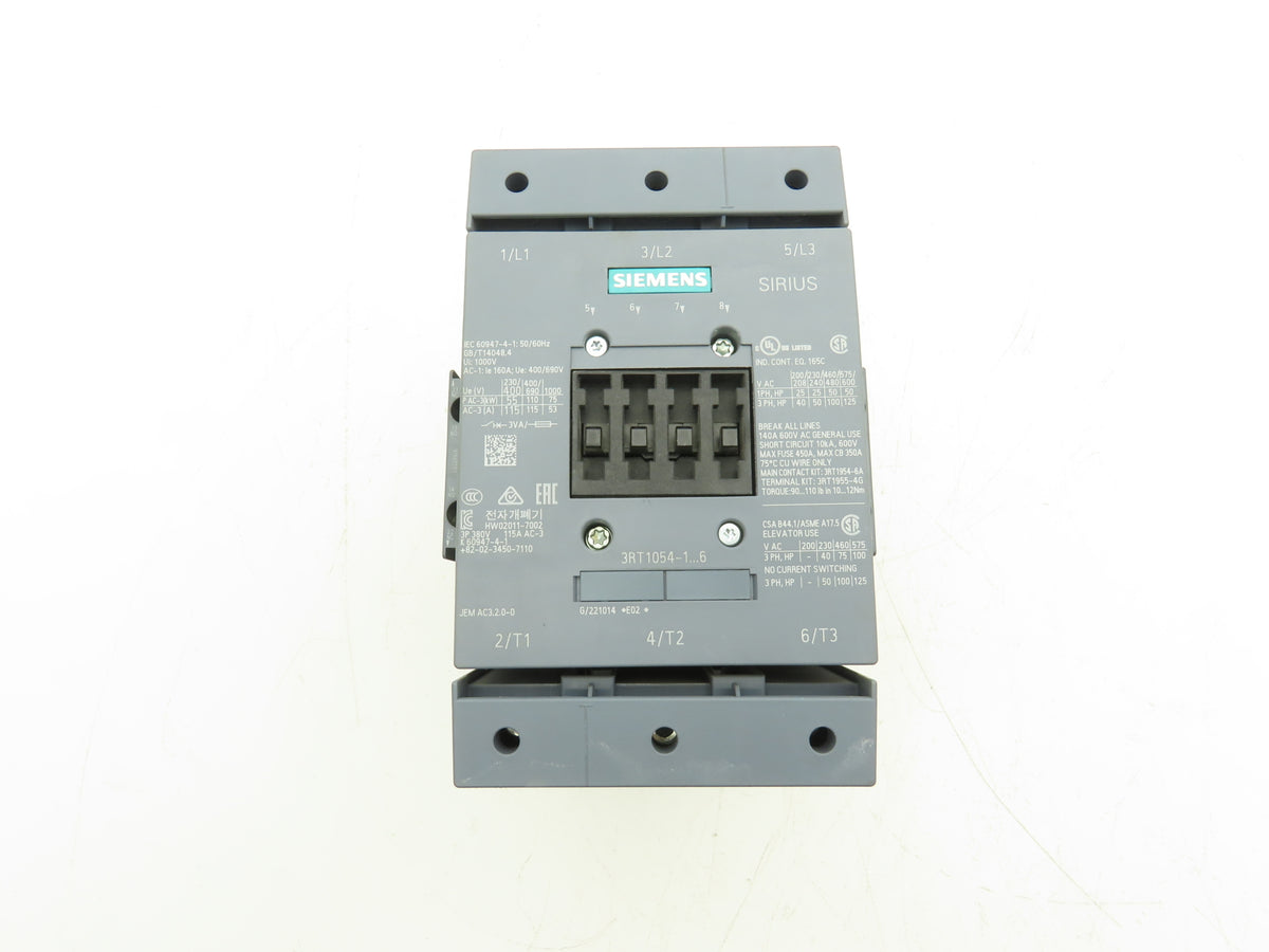 Siemens 3RT1054-1AR36 Motor Starter Contactor 115A 125Hp 600V 3Ph 480VAC/DC Coil