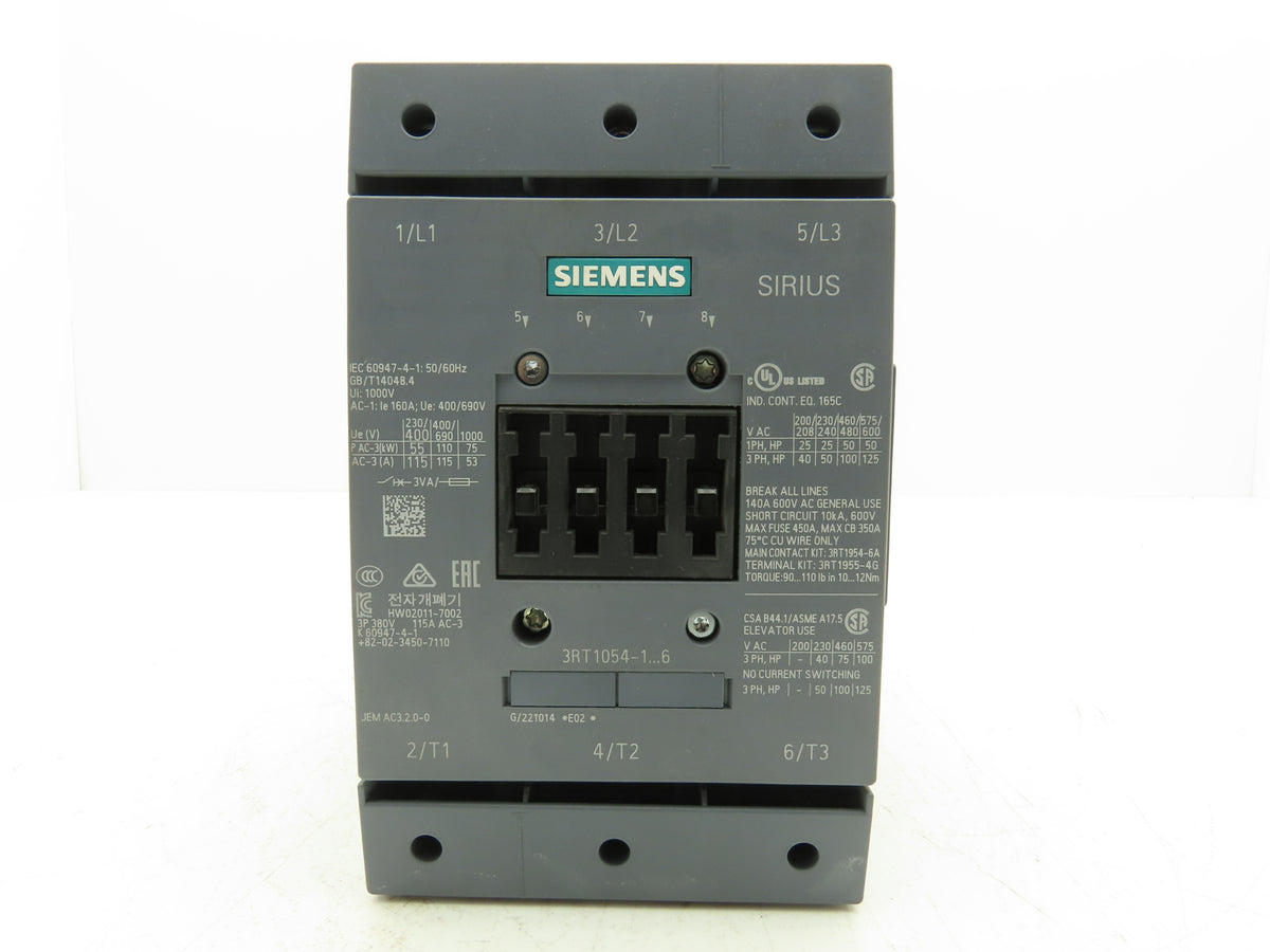 Siemens 3RT1054-1AR36 Motor Starter Contactor 115A 125Hp 600V 3Ph 480VAC/DC Coil