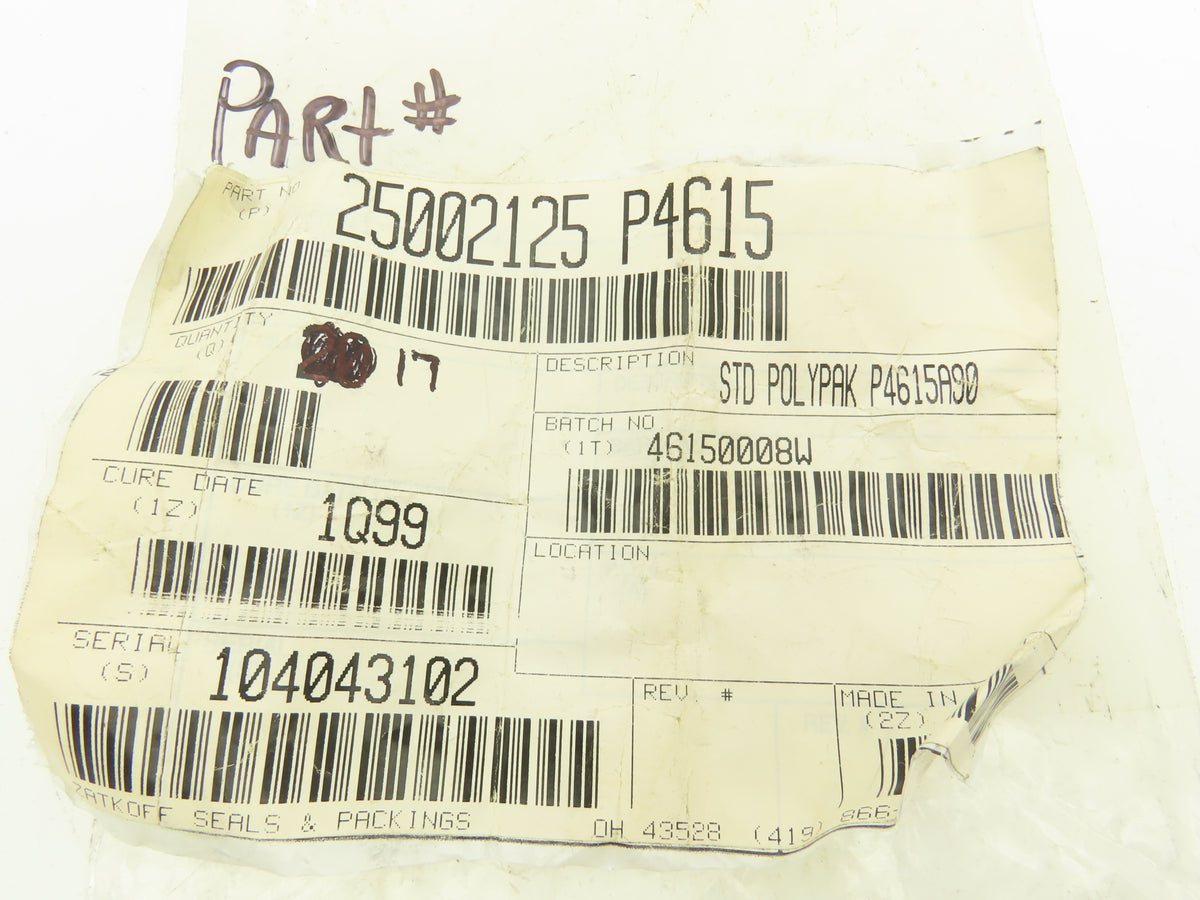 Zatkoff 25002125 P4615 Hydraulic Cylinder Seal 2.125 x 2.625 x 0.25" Lot of 17