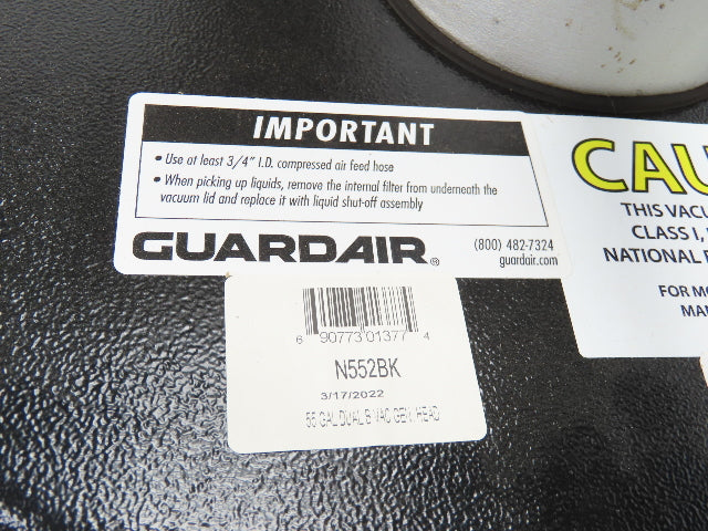 Guardair PowerQUAD 55 Gal Drum Pneumatic Venturi Vacuum Head Wet/Dry 110CFM