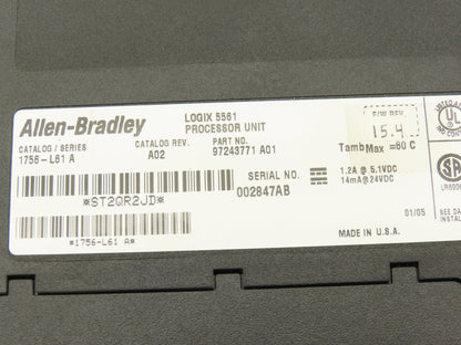 Allen Bradley 1756-L61 ControlLogix 5561 Processor F/W 15.4 Ser A Rev A02 Key