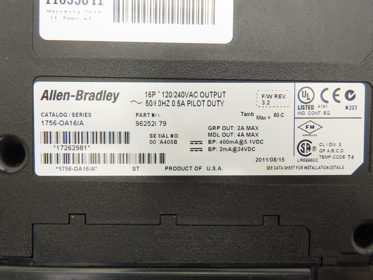 Allen Bradley 1756-OA16/A ControlLogix PLC 120/240VAC Output Module 16PT Rev 3.2
