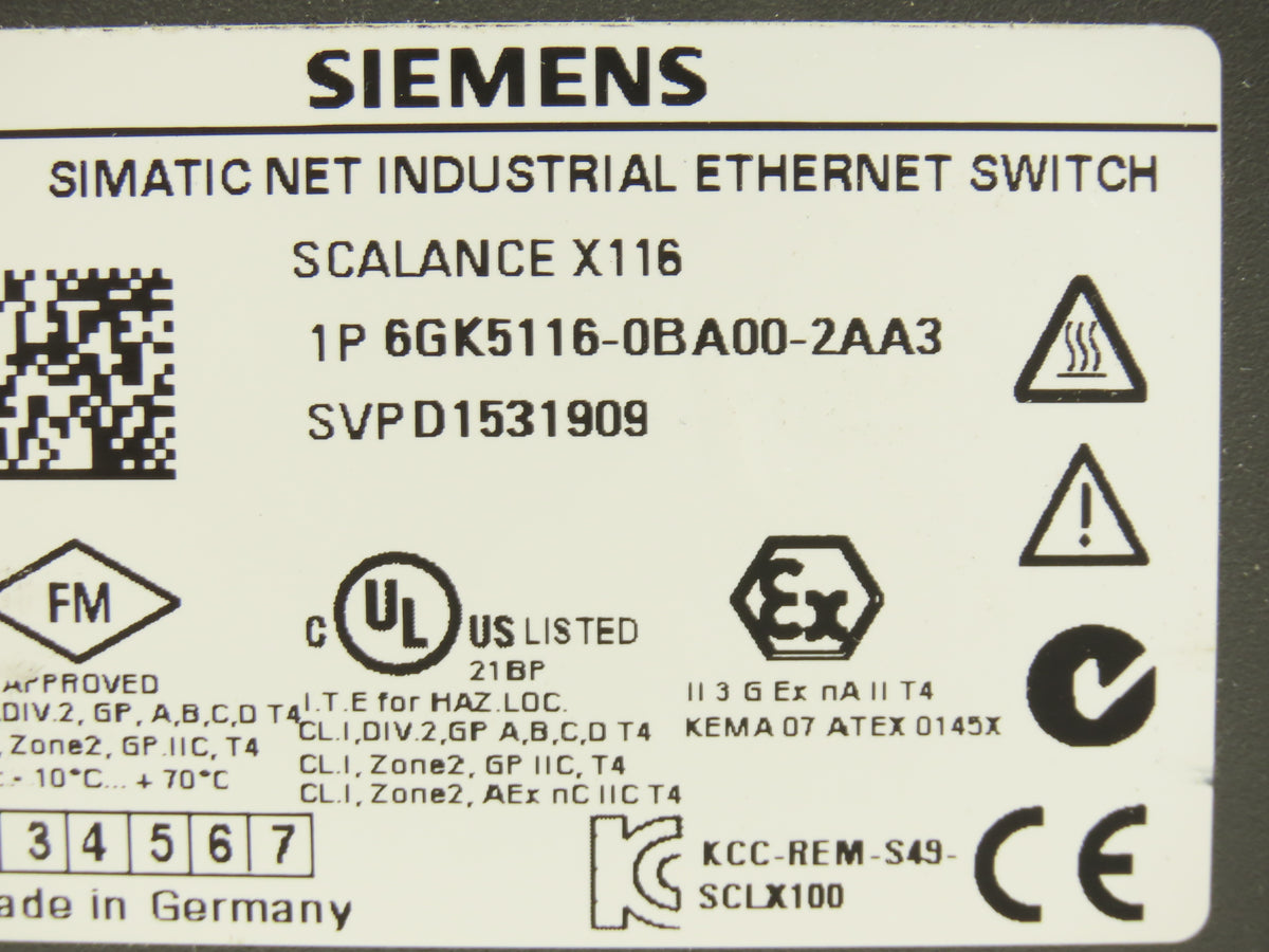 Siemens 6GK5116-0BA00-2AA3 SCALANCE X116 Unmanaged 16-Port Ethernet Switch RJ45