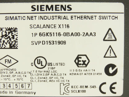 Siemens 6GK5116-0BA00-2AA3 SCALANCE X116 Unmanaged 16-Port Ethernet Switch RJ45