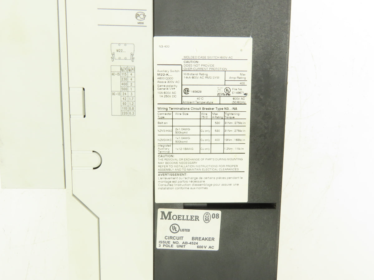 Moeller N3-400-NA 400A 3-Pole 600VAC Molded Case Switch NZM3 Disconnect
