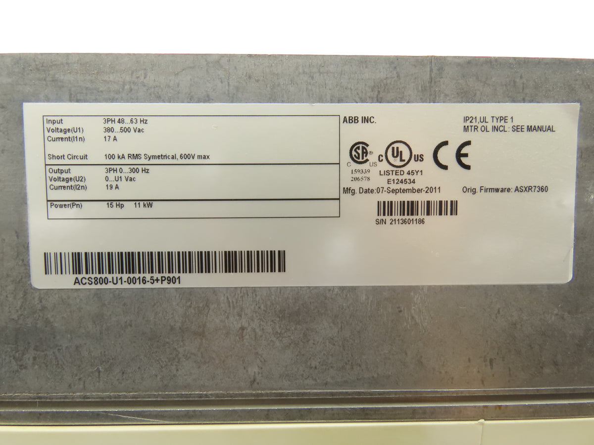 ABB ACS800-U1-0016-5+P901 Variable Speed AC Drive VFD 15Hp 480V 19A 3PH READ
