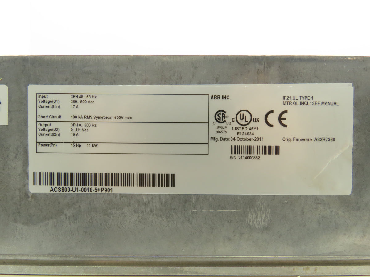 ABB ACS800-U1-0016-5+P901 AC Drive Variable 15 HP 11 kW 380-500V 3PH 19A VFD