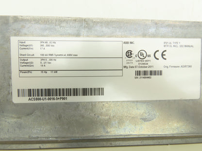 ABB ACS800-U1-0016-5+P901 AC Drive Variable 15 HP 11 kW 500V 3PH 19A VFD READ