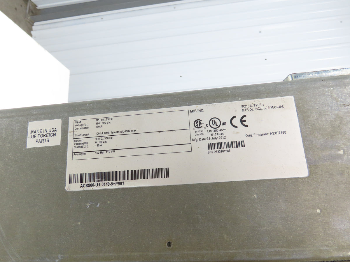 ABB ACS800-U1-0140-5+P901 VFD Variable Speed AC Drive 150Hp 480V 3Ph