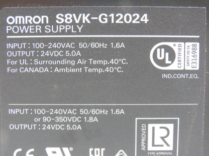 Omron S8VK-G12024 PLC Power Supply 100-240VAC 50/60Hz 1.6A In 24VDC 5A Out