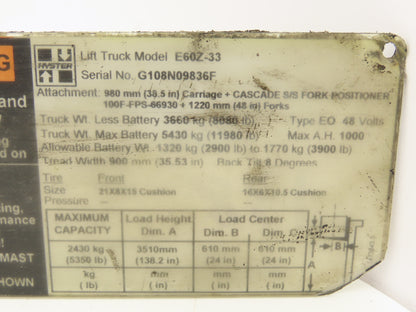 Hyster 8601502 Hydraulic Forklift Tilt Cylinder Removed From E60Z-33 Forklift