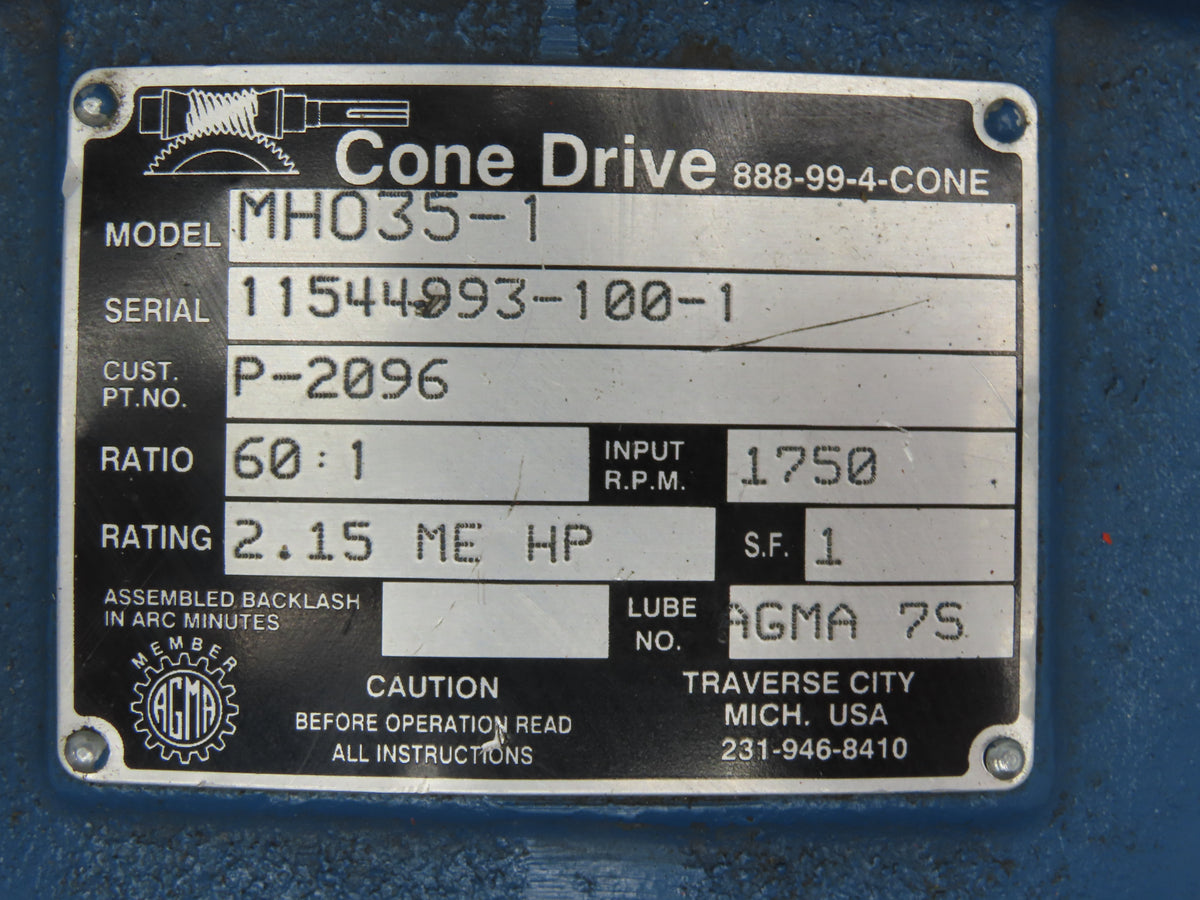 Cone Drive MH035-1 Worm Gearbox 60:1 Ratio 29rpm 2.15Hp LH 140TC