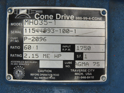 Cone Drive MH035-1 Worm Gearbox 60:1 Ratio 29rpm 2.15Hp LH 140TC
