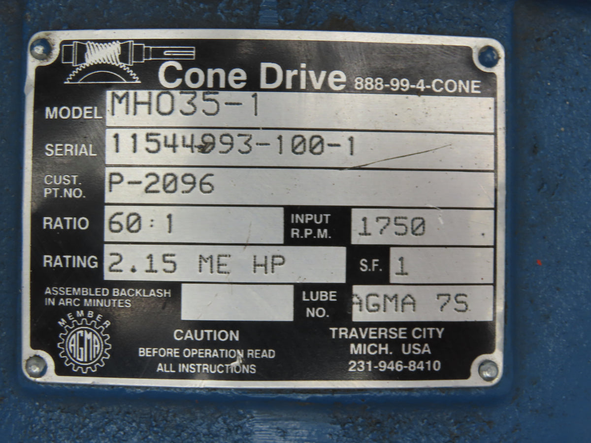 Cone Drive MH035-1 Worm Gearbox 60:1 Ratio 29rpm 2.15Hp LH 140TC