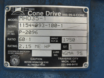 Cone Drive MH035-1 Worm Gearbox 60:1 Ratio 29rpm 2.15Hp LH 140TC